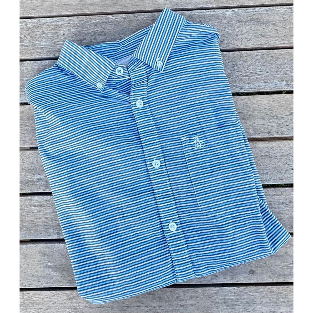 Original Penguin Mens Blue White Striped Short Sleeve Button Down Shirt Medium - Picture 9 of 9